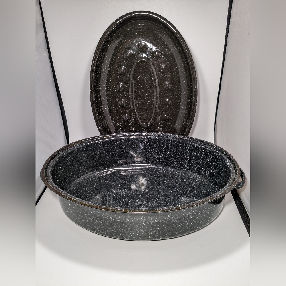 Vintage Black Enamel Speckled Oval Roasting Pan W/Handles & Lid 14 x 10 - Picture 4 of 9